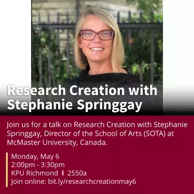 Research Creation with Stephanie Springgay. Join us for a talk on Research Creation with Stephanie Springgay, Director of the School of Arts (SOTA) at McMaster University, Canada. Monday, May 6, 2:00pm – 3:00pm at KPU Richmond, Room 2550a. Join online at bit.ly/researchcreationmay6