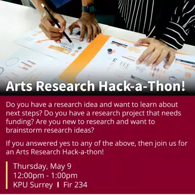 Arts Research Hack-a-Thon! Do you have a research idea and want to learn about next steps? Do you have a research project that needs funding? Are you new to research and want to brainstorm research ideas? If you answered yes to any of the above questions, then you should join us for the Arts Research Hack-a-Thon! Thursday, May 9, from 12:00PM – 1:00PM at KPU Surey, Fir 234. No registration is required.