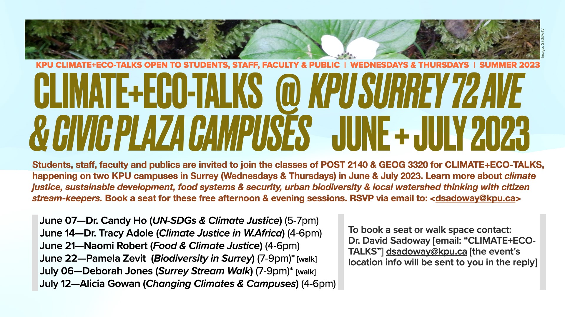 CLIMATE+ECO-TALKS @ KPU Surrey 72 Ave & Civic Plaza Campuses June+July 2023