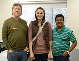Returning KPU Geography Alumnus Shauna Pezzot (BA ‘15), with Geography faculty members Bill Burgess (left) and Dola Pradhan (right)