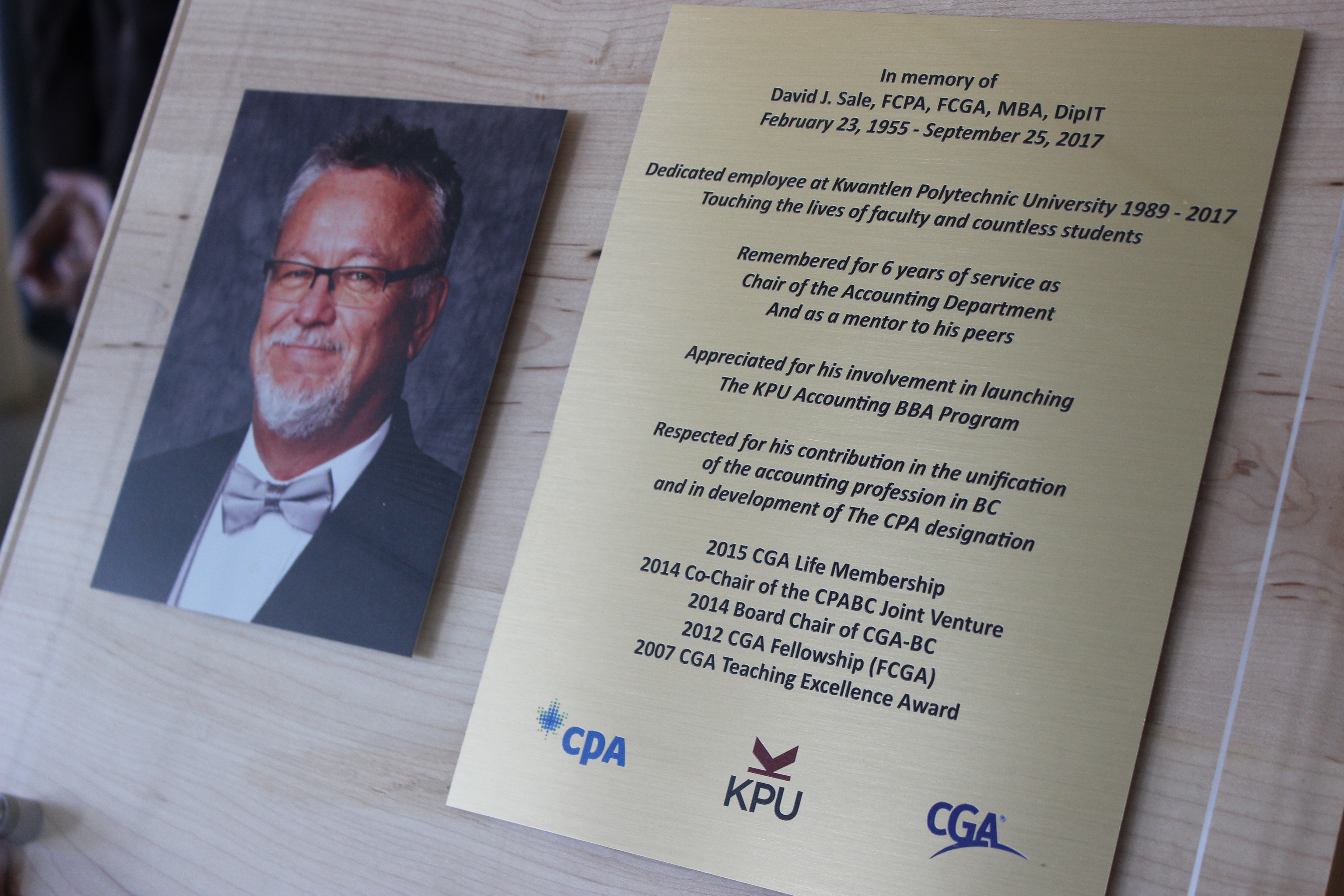 Plaque of David Sale, KPU accounting instructor 