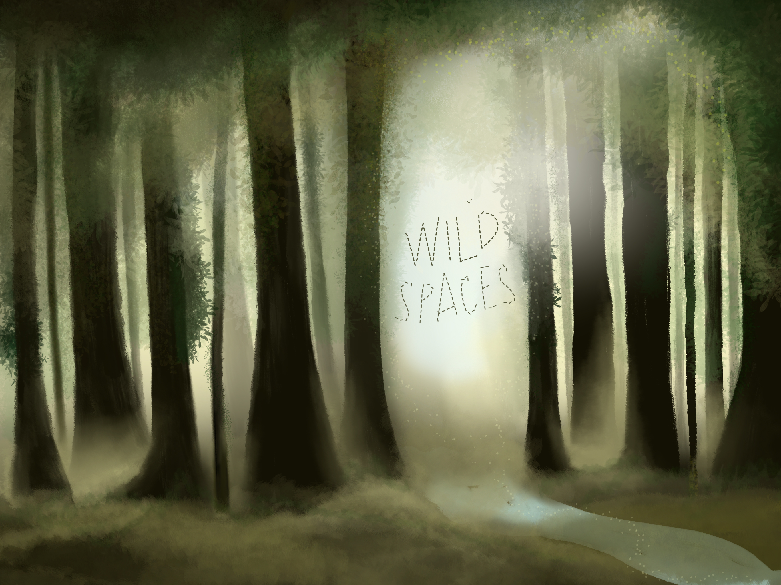 Image of an illustrated forest with a wooden easel in the centre and the words & Wild Spaces drawn across
