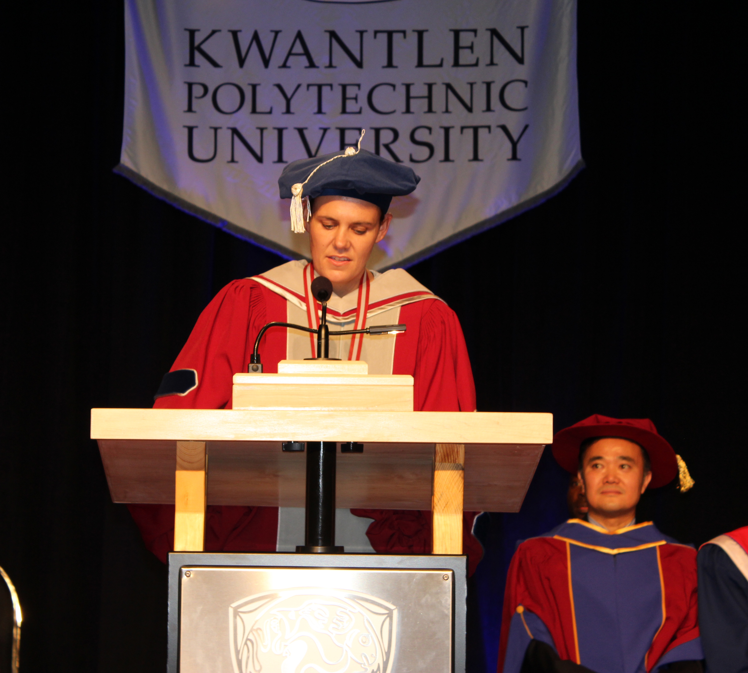 Christine Sinclair speaking at KPU convocation in 2015