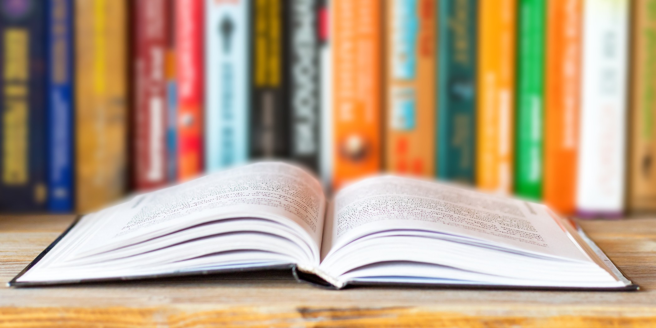 An open book in a library.