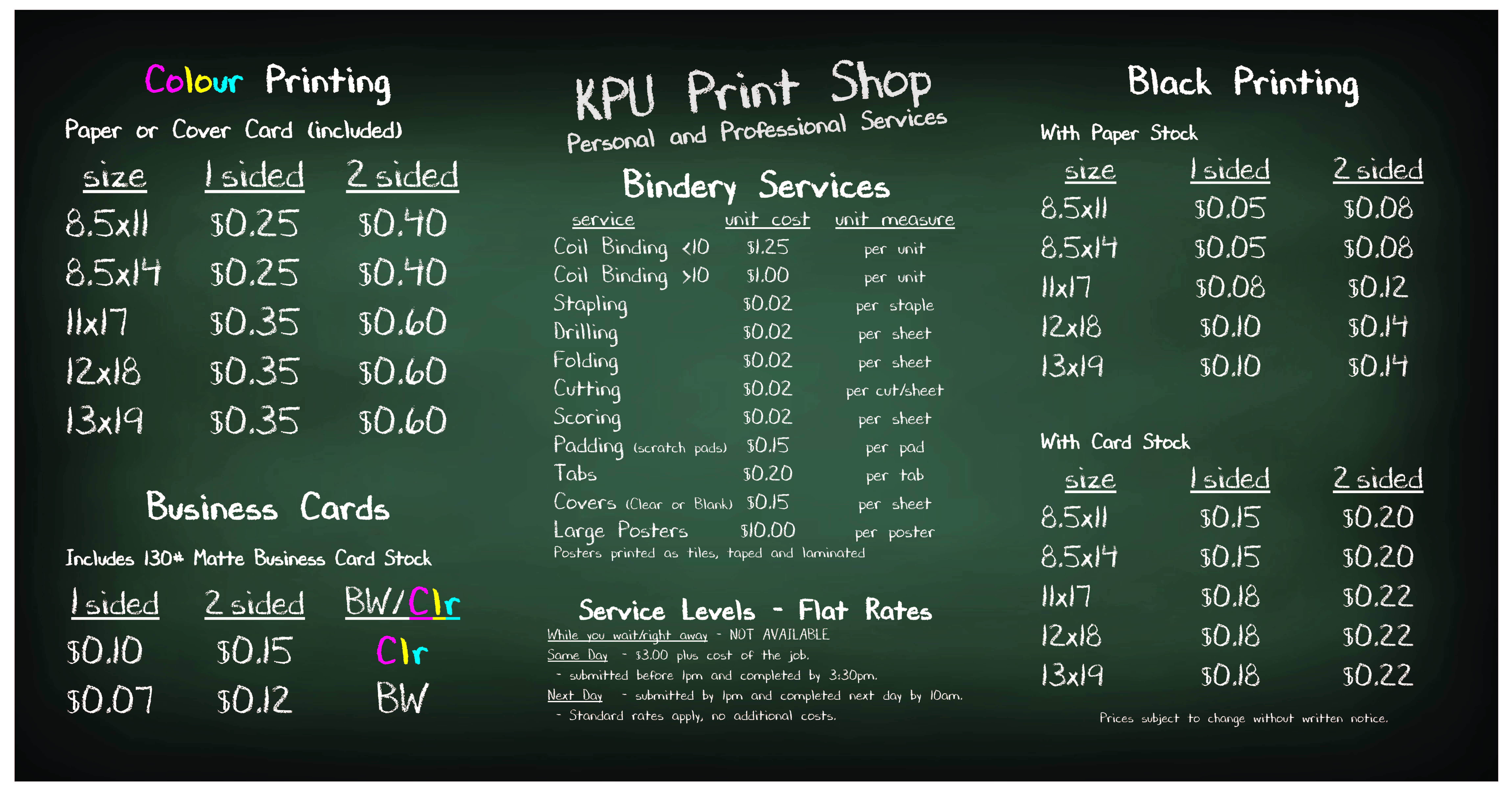 Print Shop Price List