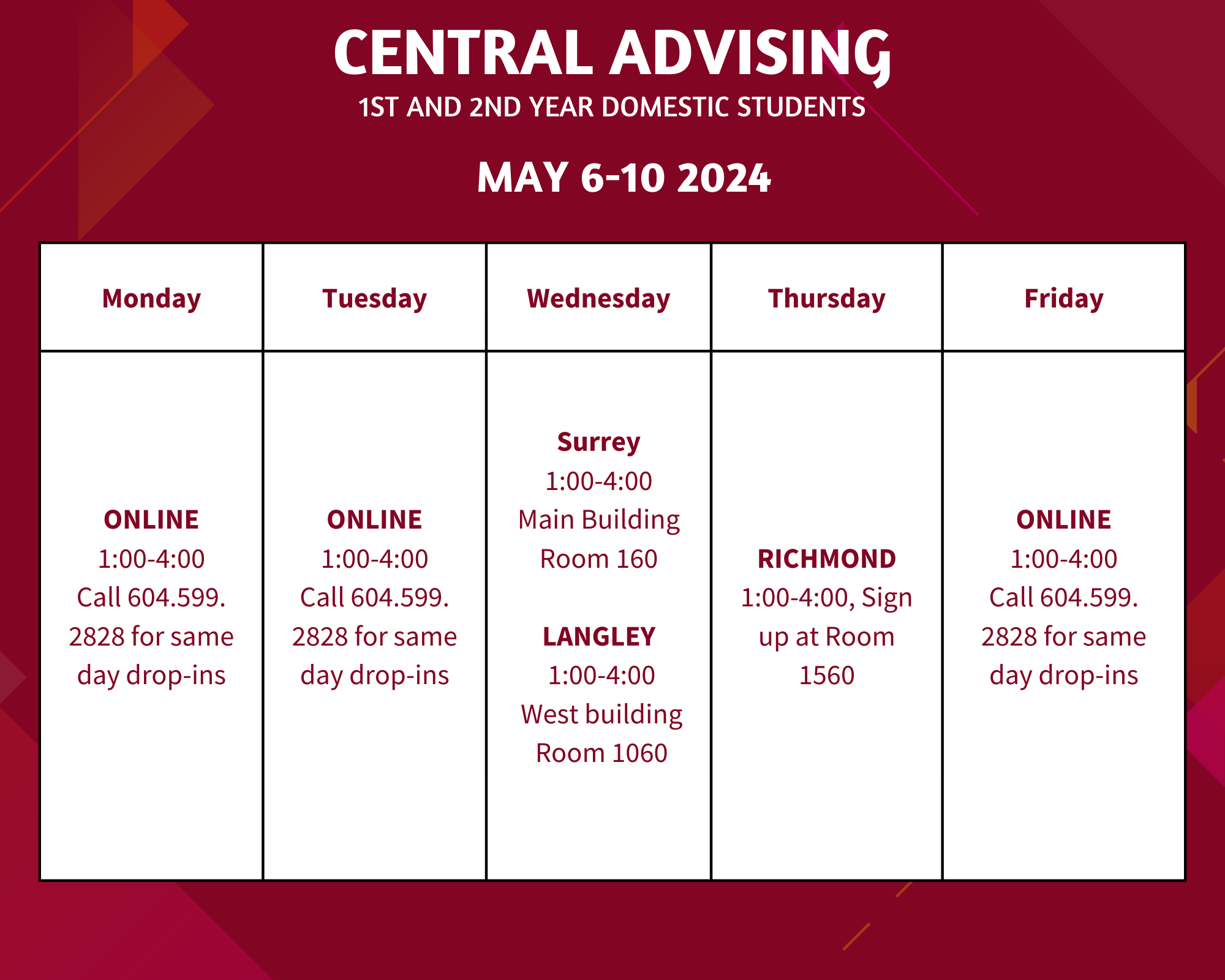 Central Advising Drop ins May 2024