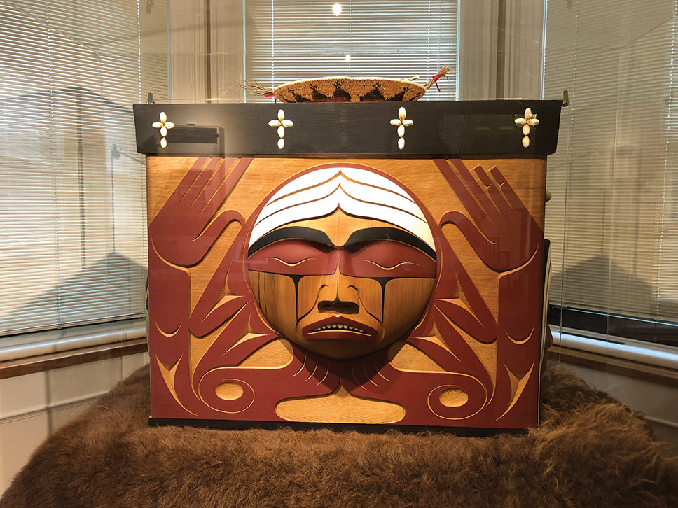 The bentwood box was carved by Coast Salish artist Luke Marston. The bentwood box is a tribute to all residential school survivors and travelled with the Truth and Reconciliation Commission to all official events.