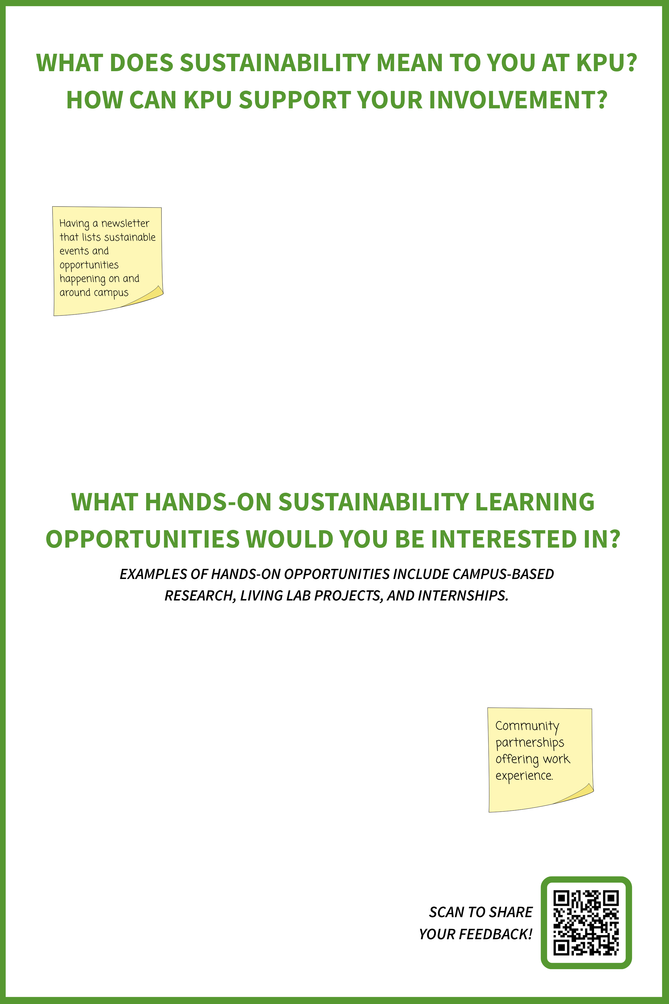 what does sustainability mean to you at KPU? How can KPU support your involvement? what hands-on sustainability learning opportunities would you be interested in?