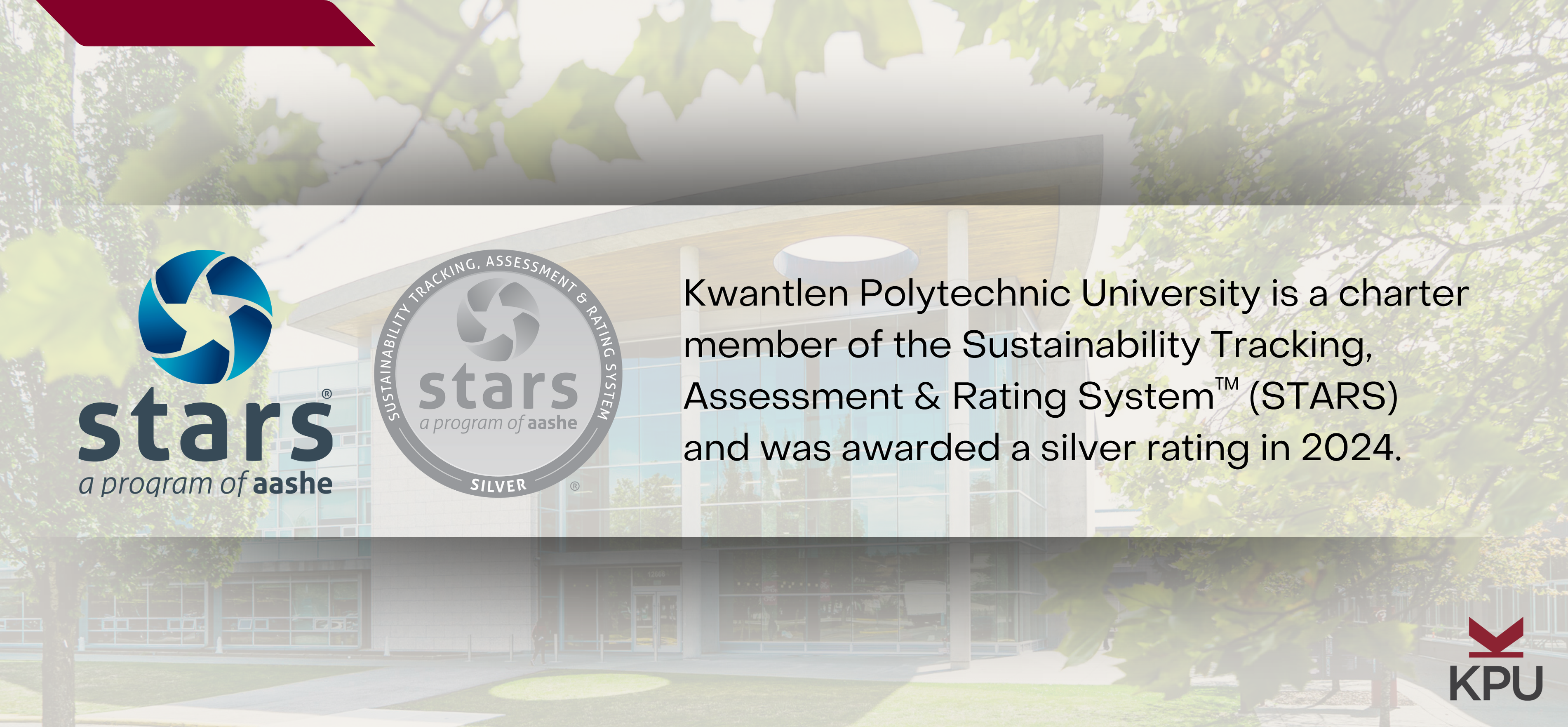 Kwantlen Polytechnic University is a charter member of the Sustainable Tracking, Assessment and Rating System, STARS and was awarded a silver rating in 2024.