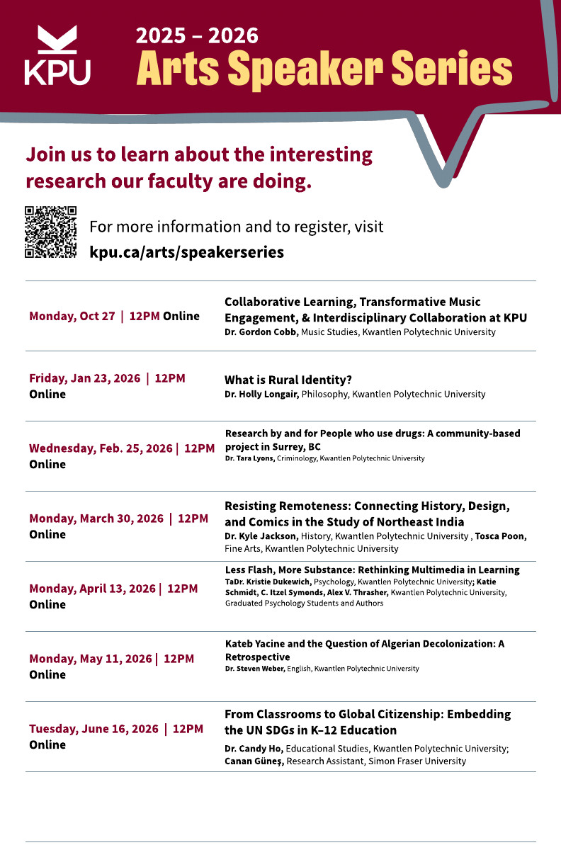 2025-2026 schedule for the Arts Speaker Series listing times, dates, titles and location