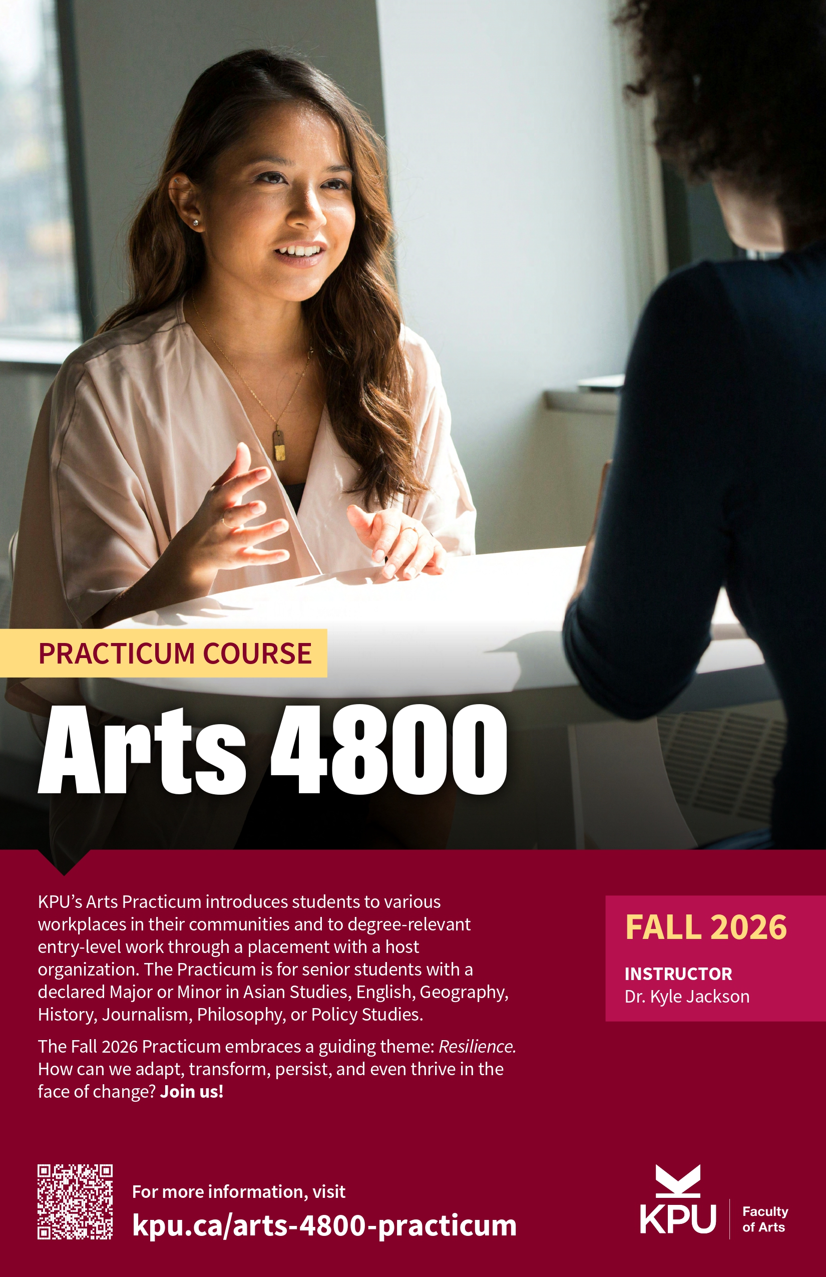 poster for ARTS 4800 taking place in Fall 2026, course will be taught by Dr. Kyle Jackson and the theme is resilience