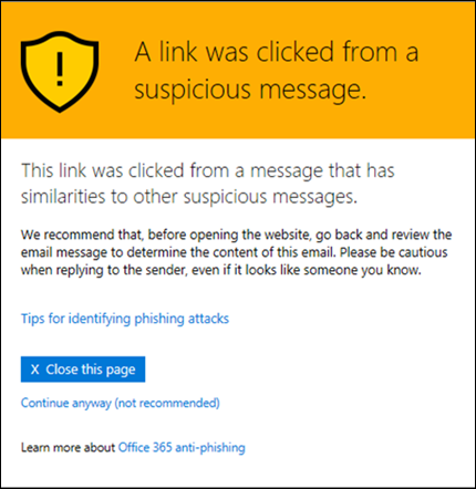 SafeLinks Suspicious Link Warning
