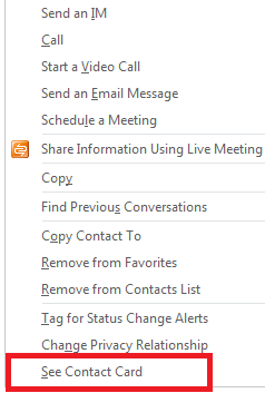 See Contact Card in Skype for Business