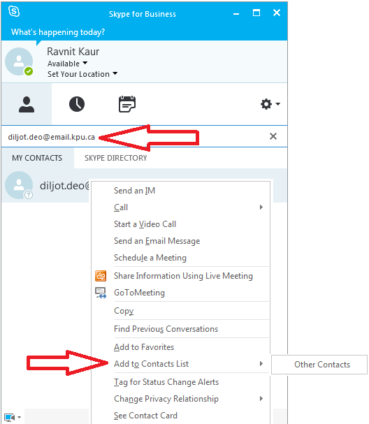 Add contacts in Skype for Business