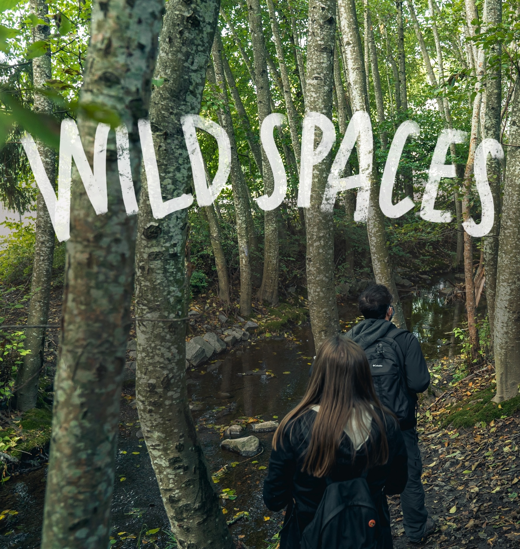 Image of a forest with two individuals in the frame and the words "Wild Spaces" drawn across