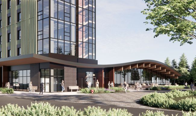 rendering of student housing building dining hall.