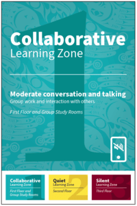 Collaborative Learning Zone sign example that features a blue &#039;1&#039; and information about noise in this zone.