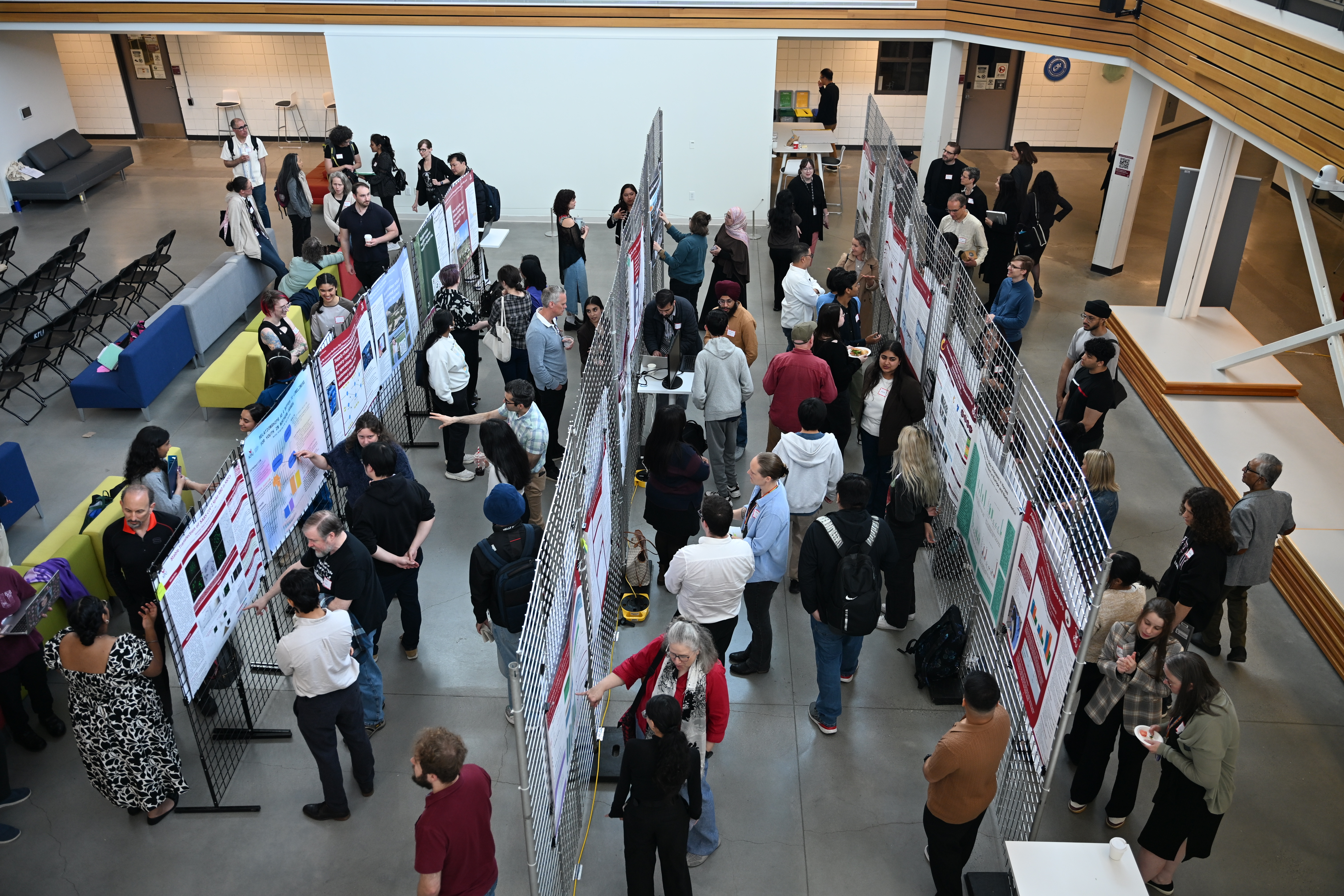 several rows of posters on stands with people walking around shot from above