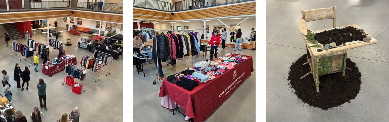 Surrey SDG Fair and student free clothing shop in an open atrium. Tables display neatly folded donated clothes alongside racks of hanging garments. Students and staff browse, chat, and visit nearby booths set up around the space.