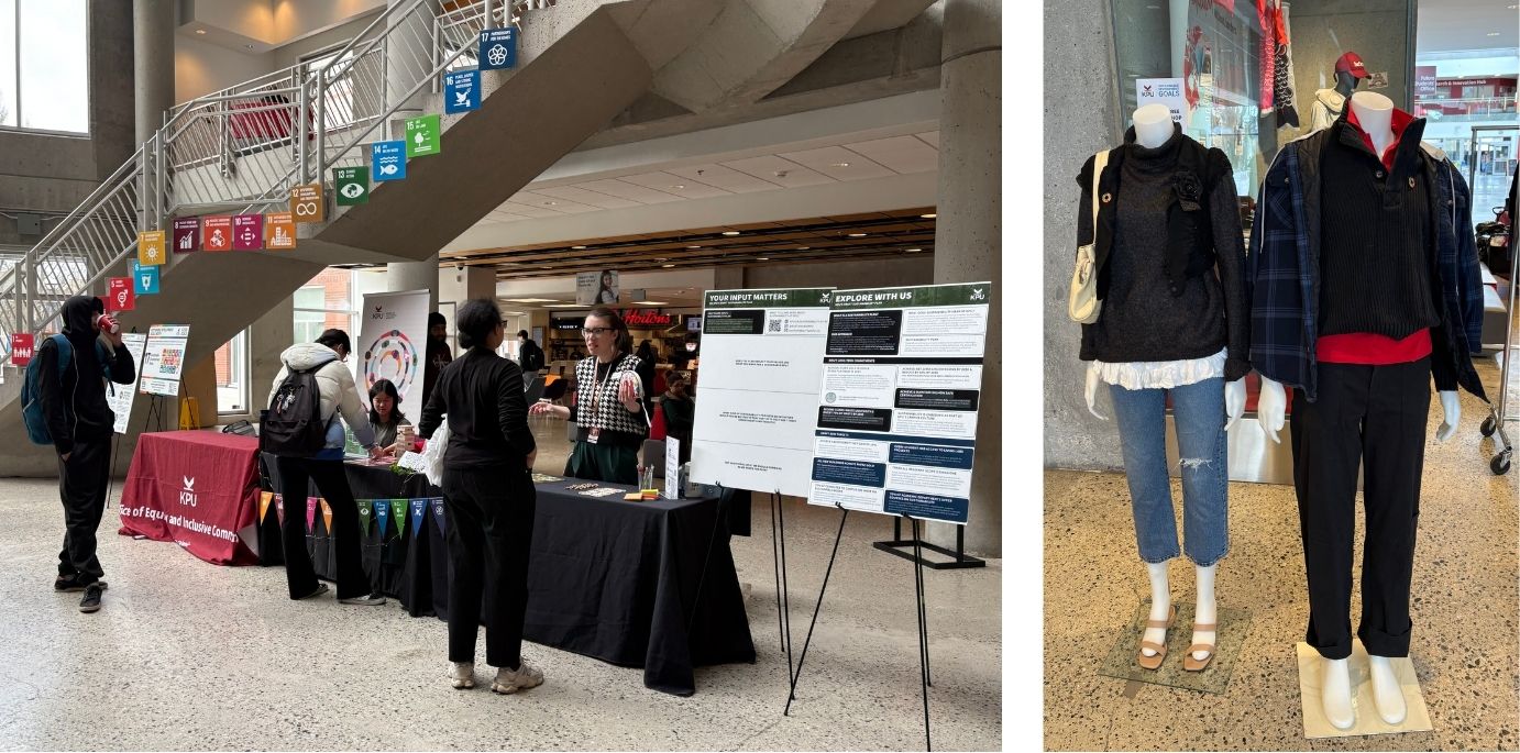 Richmond SDG Fair and student free clothing shop in an open atrium. Tables display neatly folded donated clothes alongside racks of hanging garments. Students and staff browse, chat, and visit nearby booths set up around the space.