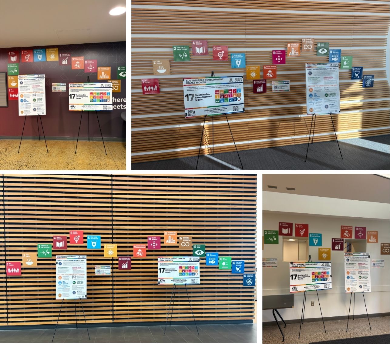 SDG Month Pop up displays. Images show 17 colourful squares, each representing on the 17 sdgs, with 2 posters standing on easels.