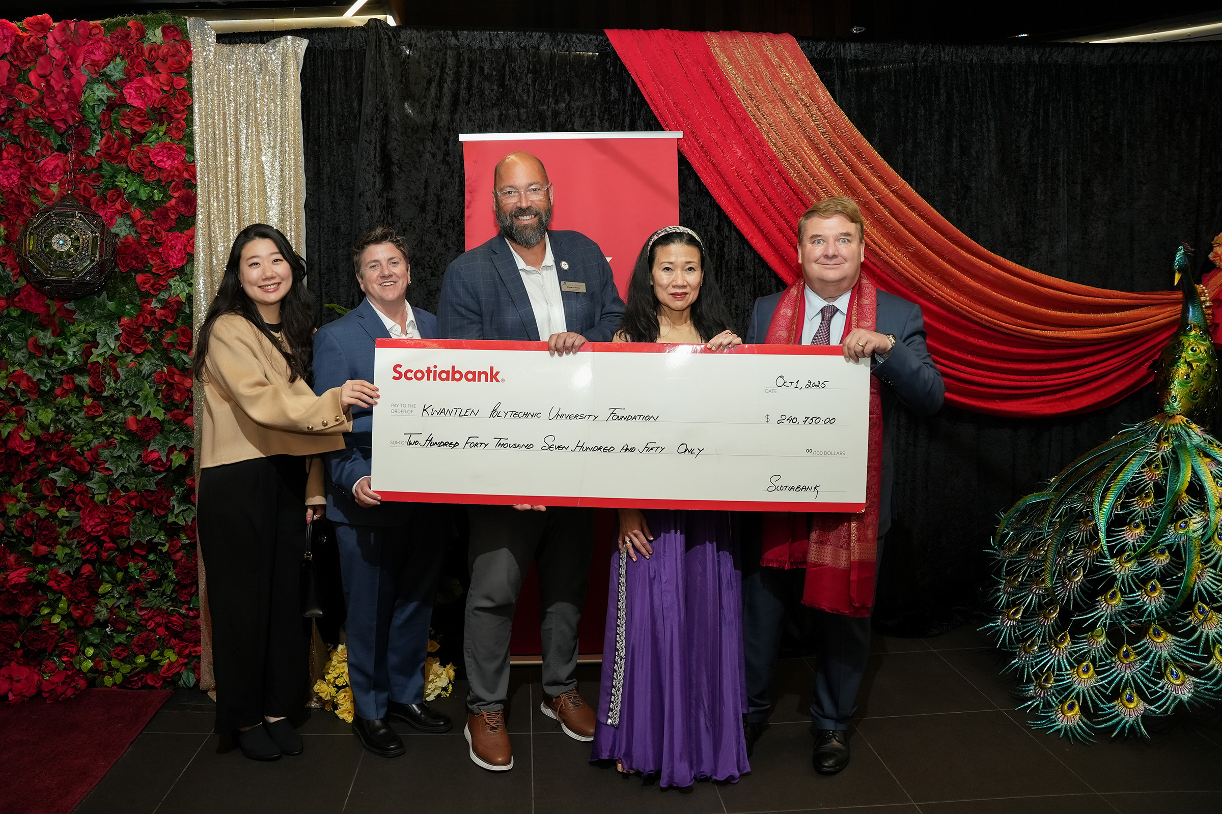 Scotiabank presents a $240,750 donation to KPU. From left: Erin Lee, Prospective Student Support Specialist at KPU; Drew Dennis, Advancement Officer, Major Gifts at KPU; Executive Director, Office of Advancement and Alumni Affairs at KPU; Jenifer Lee, District Vice President, Greater Vancouver South, Scotiabank; and Stephen Gaskin, Senior Vice President, BC & Yukon Region, Scotiabank. 