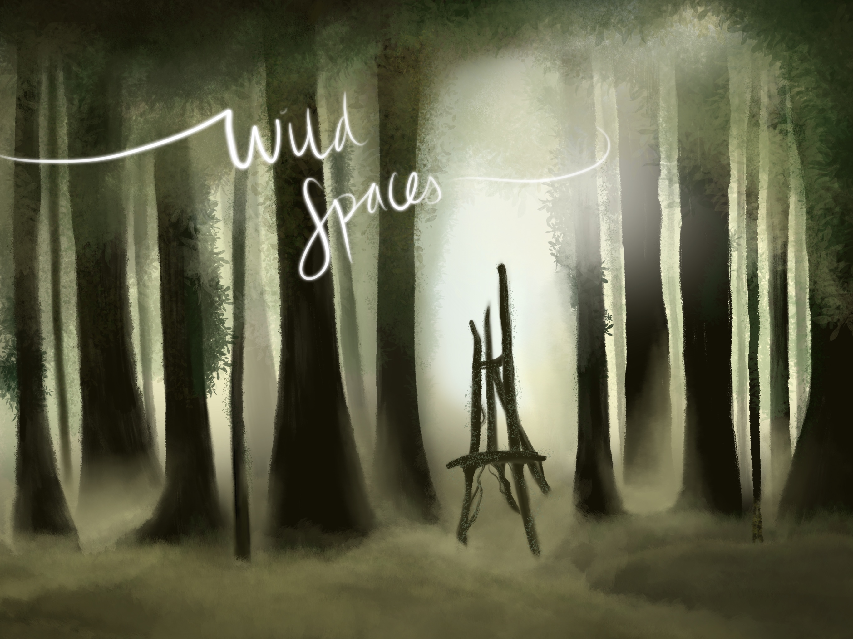 Image of an illustrated forest with a wooden easel in the centre and the words "Wild Spaces" drawn across