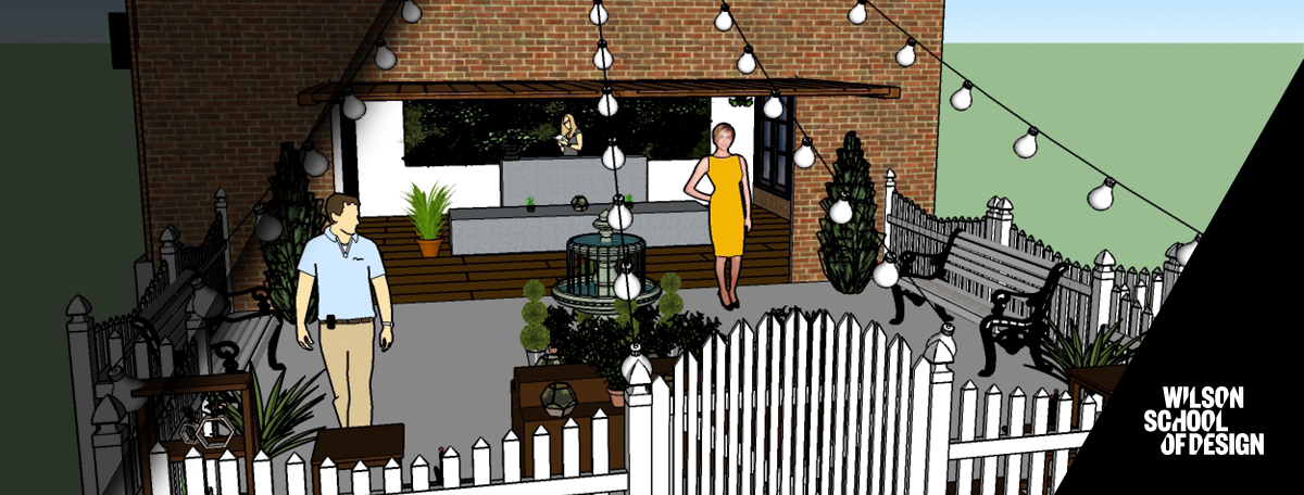 Sketchup being used to design an outdoor patio layout.