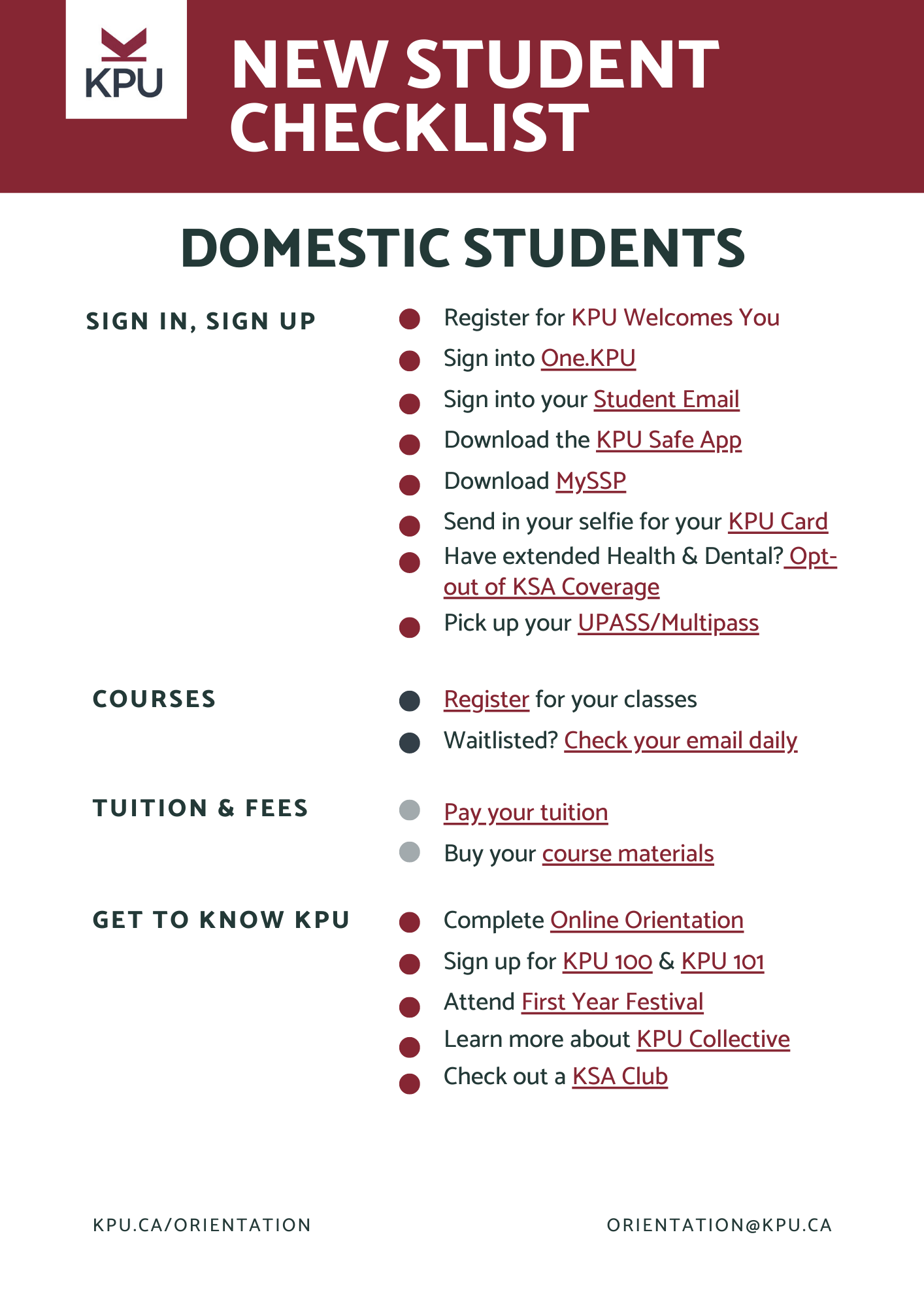Domestic New Student Checklists 