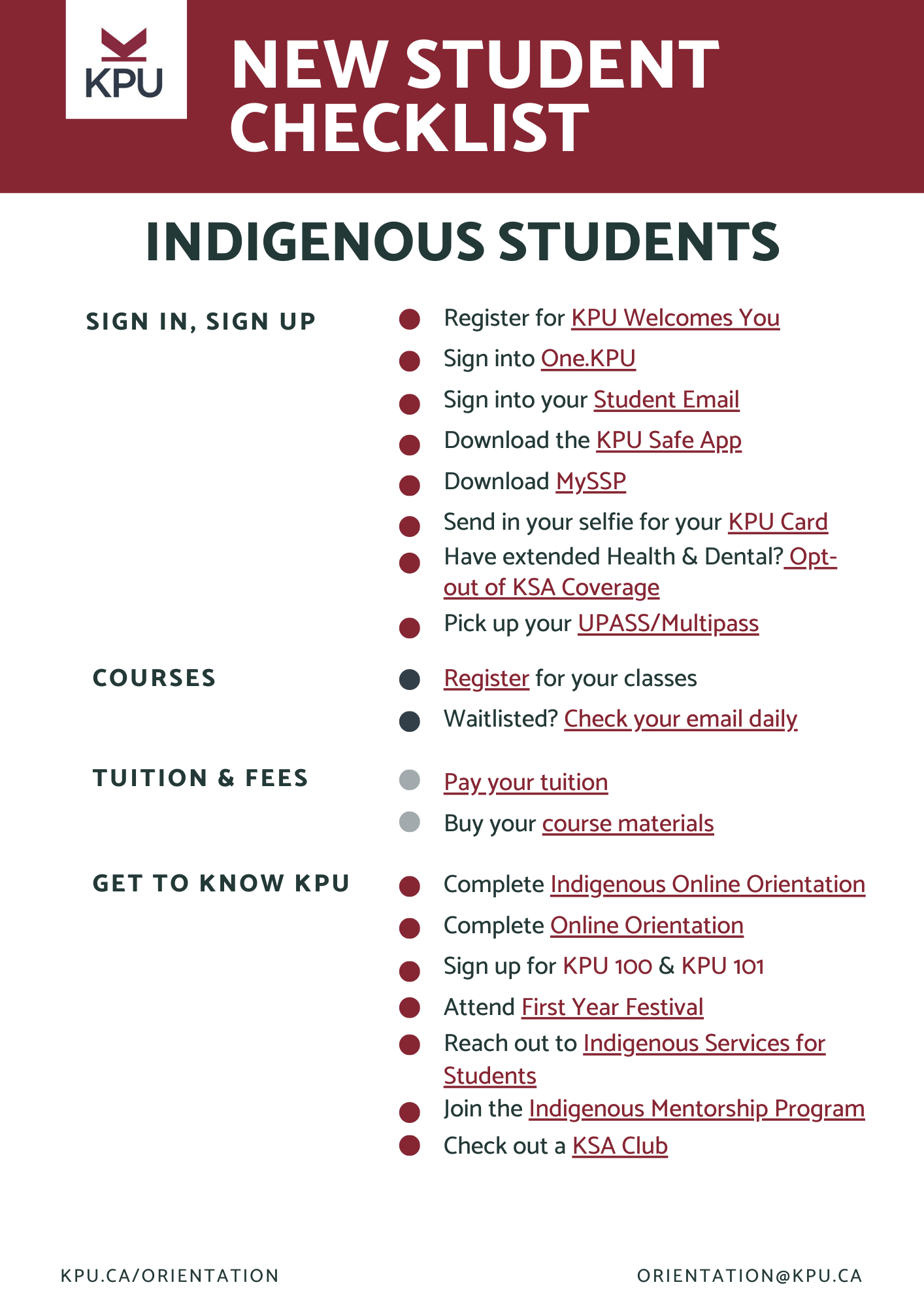 Indigenous New Student Checklists 