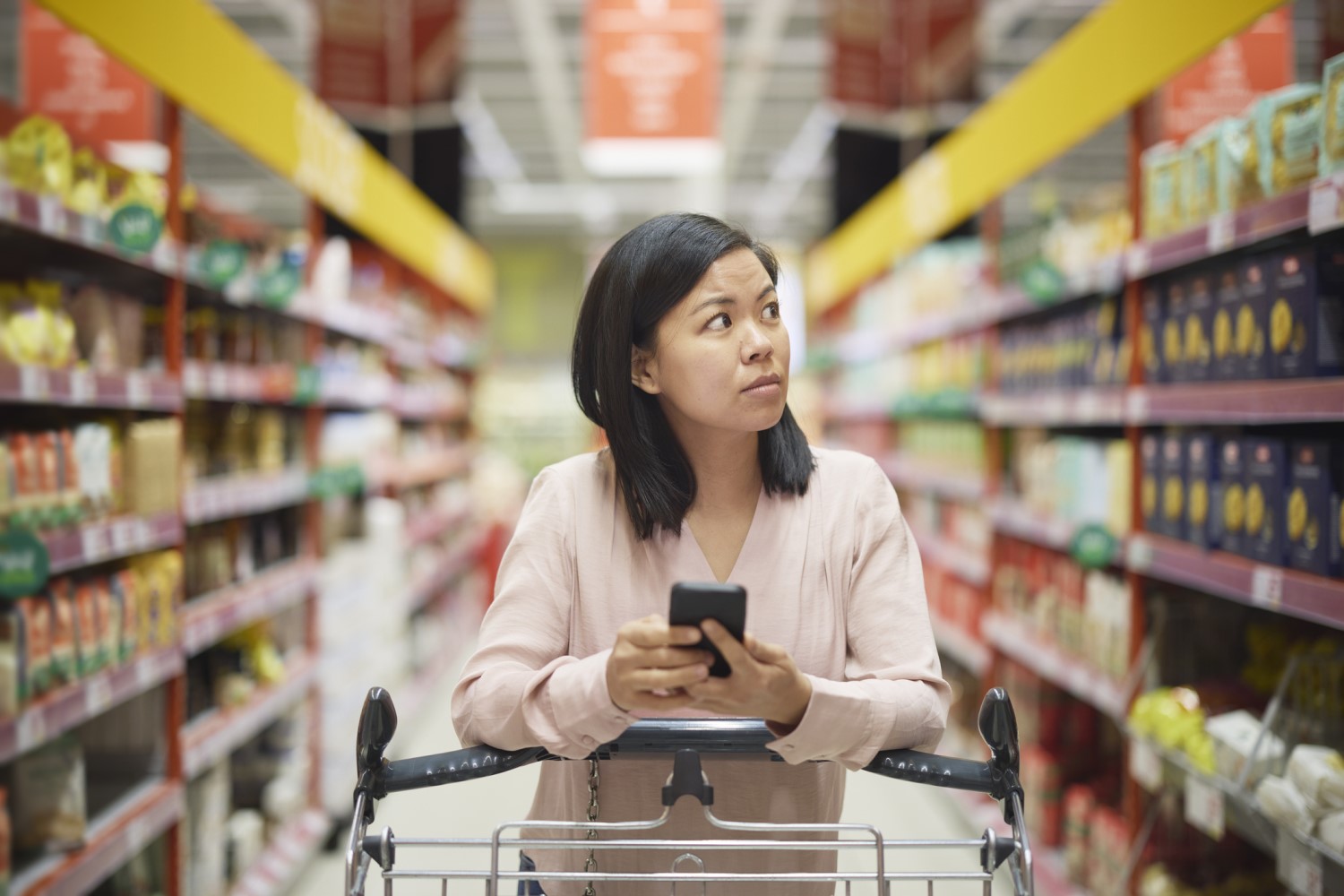 A shopper scans prices while grocery shopping.