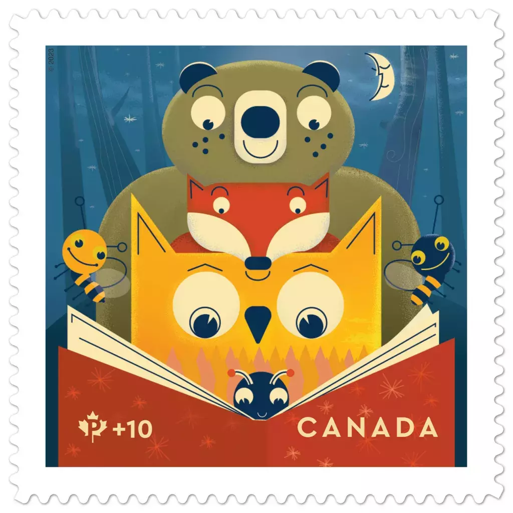 The 2023 Canada Post Community Foundation stamp, featuring an owl, a fox, and a bear reading together in the moonlight