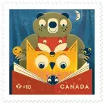 The 2023 Canada Post Community Foundation stamp, featuring an owl, a fox, and a bear reading together in the moonlight