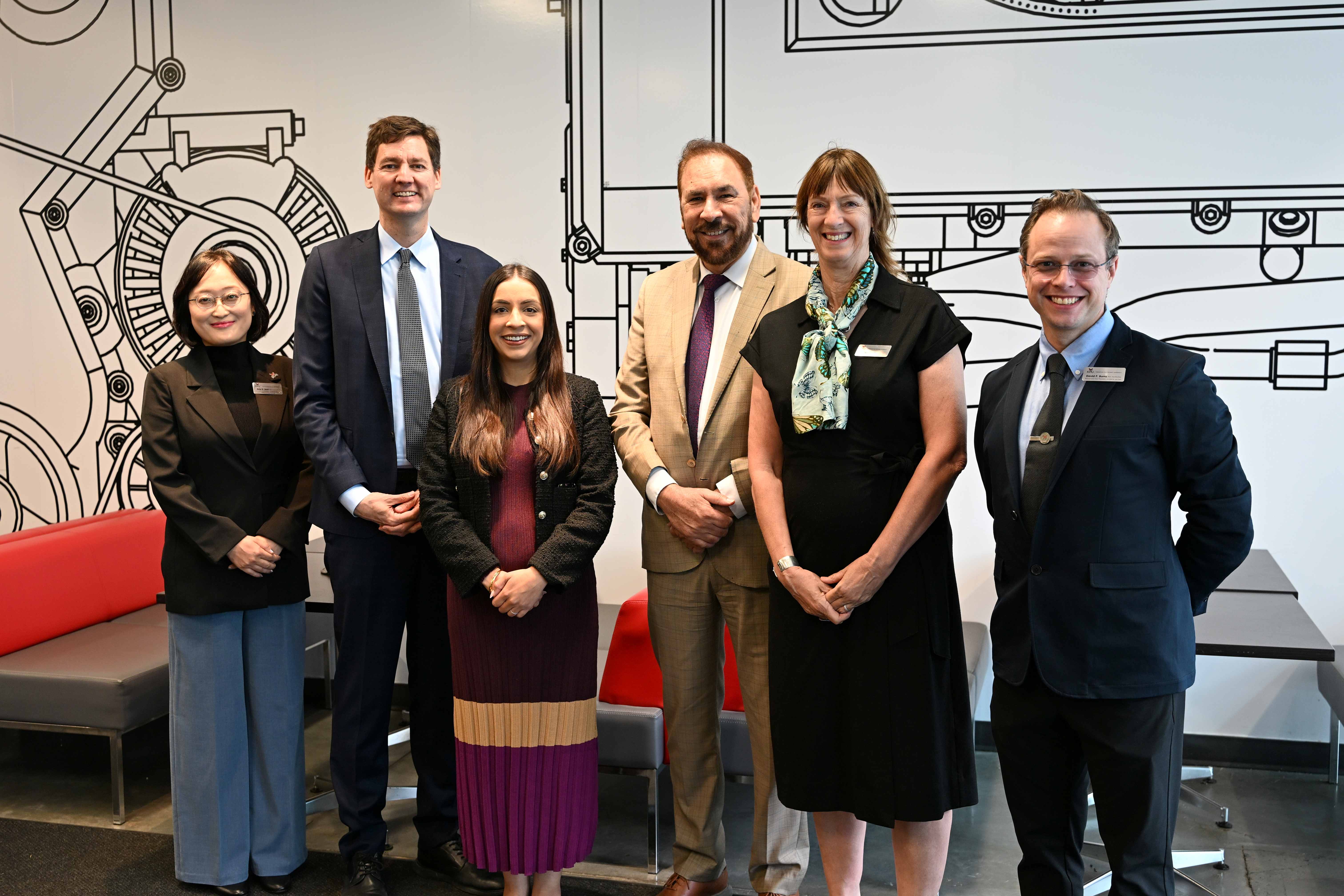 At KPU Tech, from left: Dr. Amy Jeon, Associate Vice-President, Academic pro tem at KPU; Premier David Eby; Jessie Sunner, Minister of Post-Secondary Education and Future Skills; Jagrup Brar, Minister for Mining and Critical Minerals; Dr. Diane Purvey, President and Vice-Chancellor pro tem, Dr. David Burns, Provost and Vice President, Academic pro tem.